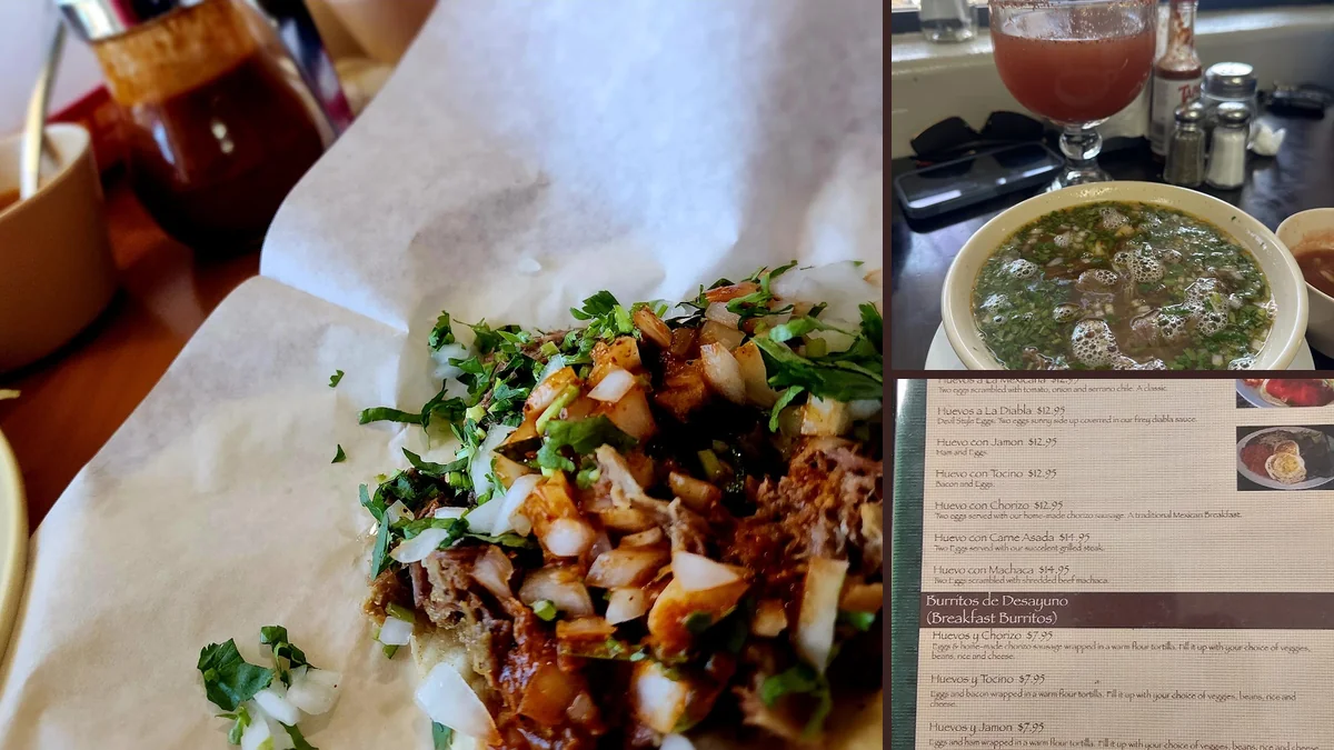 A spread of tacos, rice, and beans on the table.