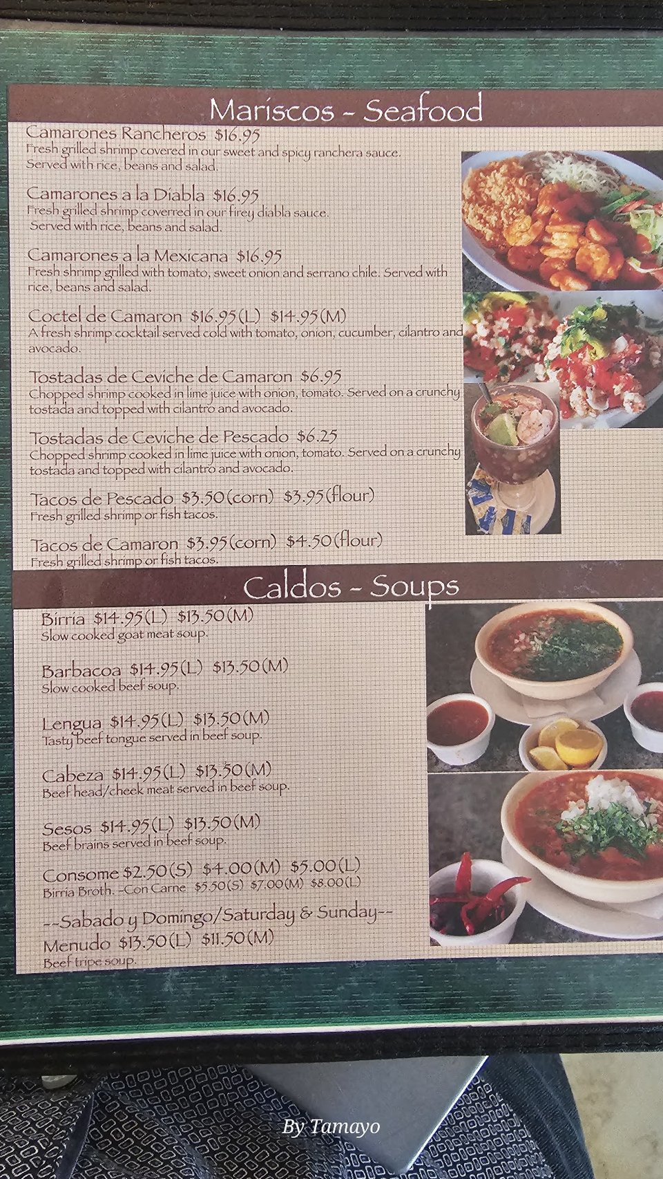 Printed menu with entrees, drinks, and kid's options.
