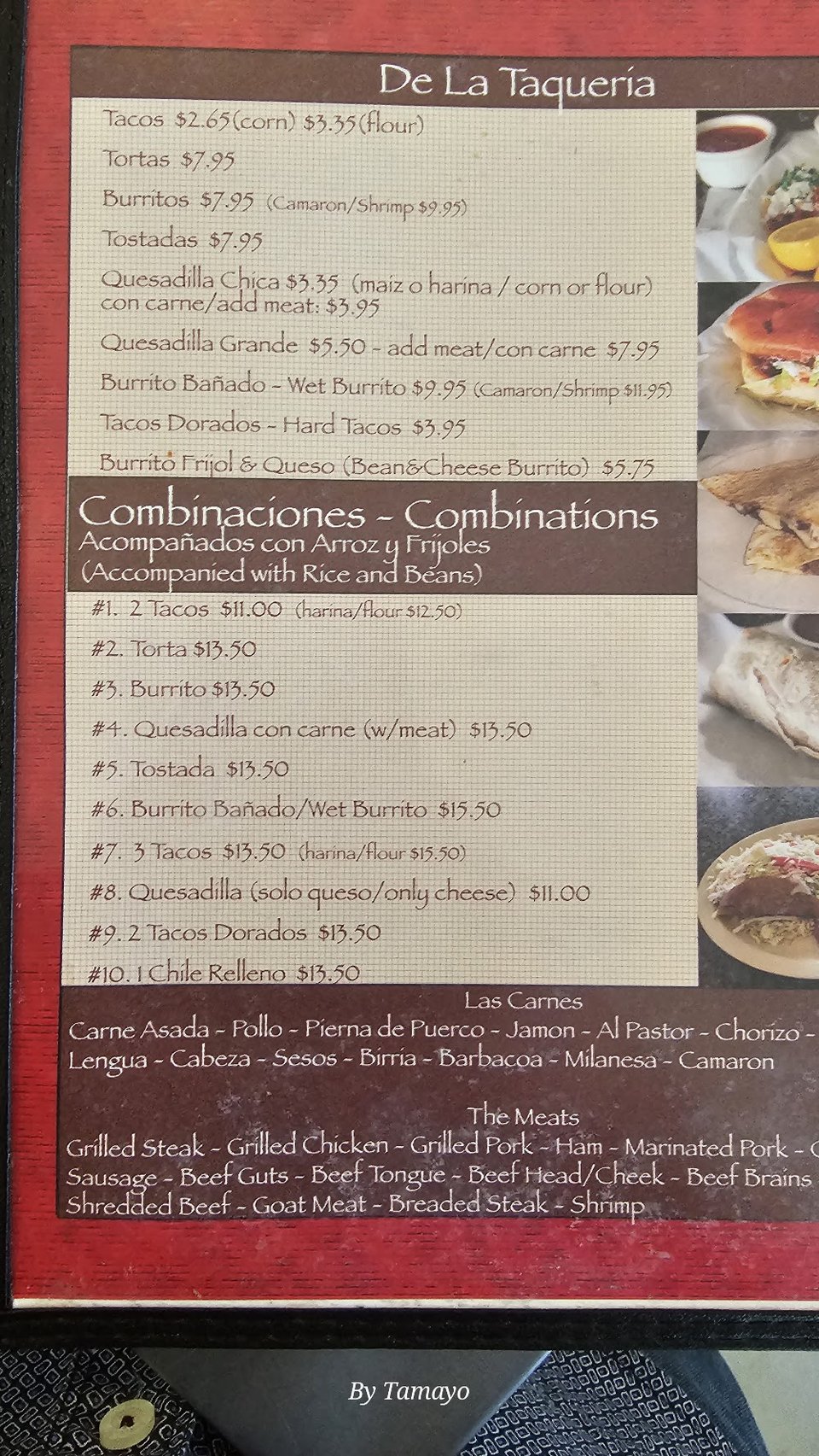 Mexican menu listing tacos, enchiladas, and rice plates.